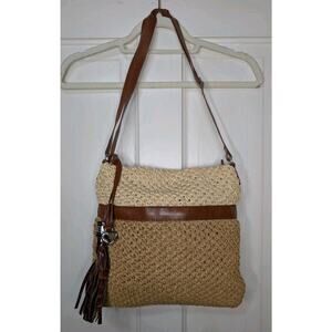 Brighton Woven Straw Leather Shoulder Bag Charm Tassel Leopard Boho